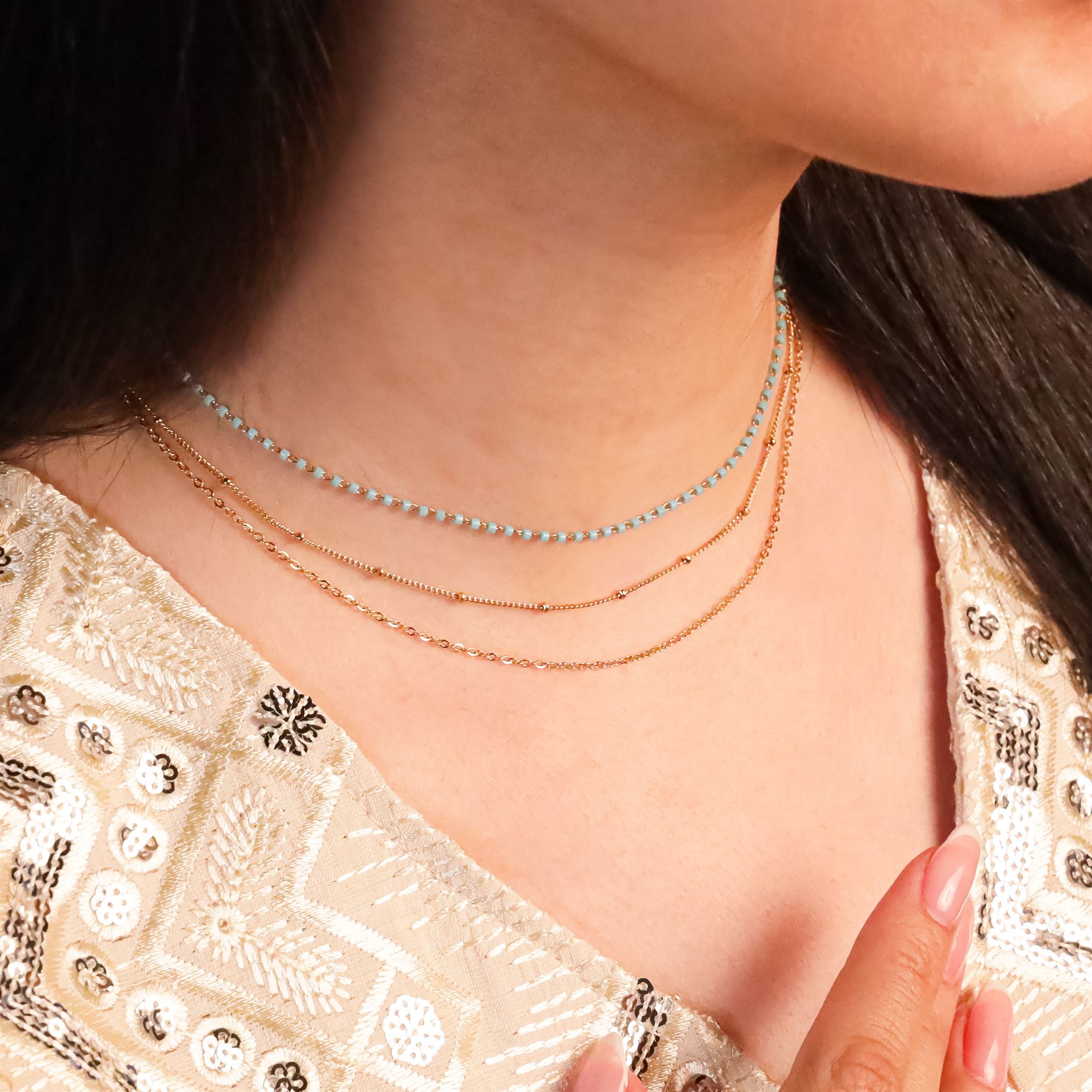 3 Diff Chain with Blue Golden beads choker