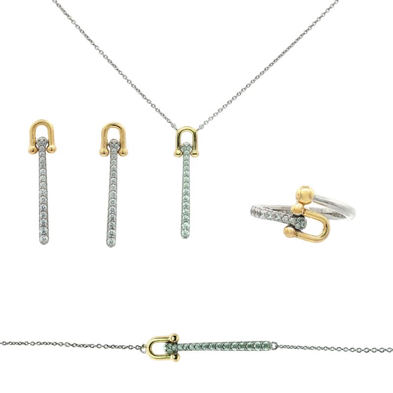 طقم فضة أصلي مع قضيب طويل مرصّع بالكامل وسلسلة بمشبك ذهبي