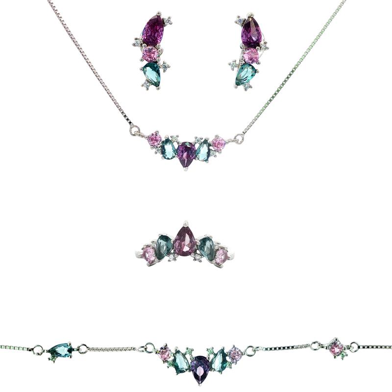 طقم فضة أصلي بأحجار ملوّنة بأشكال مختلفة