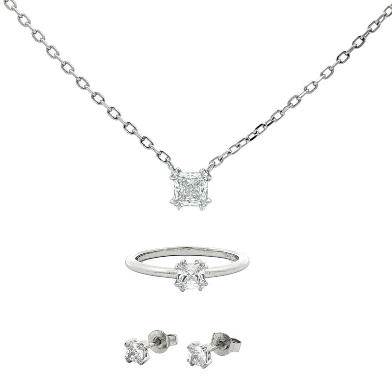 طقم فضة أصلي بأقراط مربعة كريستال متوسطة الحجم