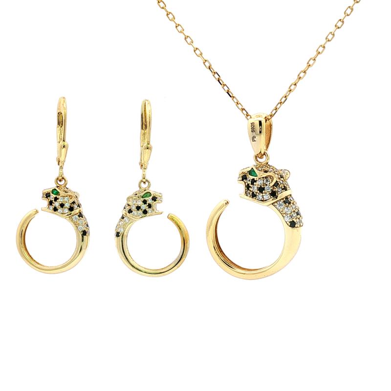 طقم فضة أصلي بسوار مفتوح برأس نمر مع عين خضراء مرصّع بالكامل