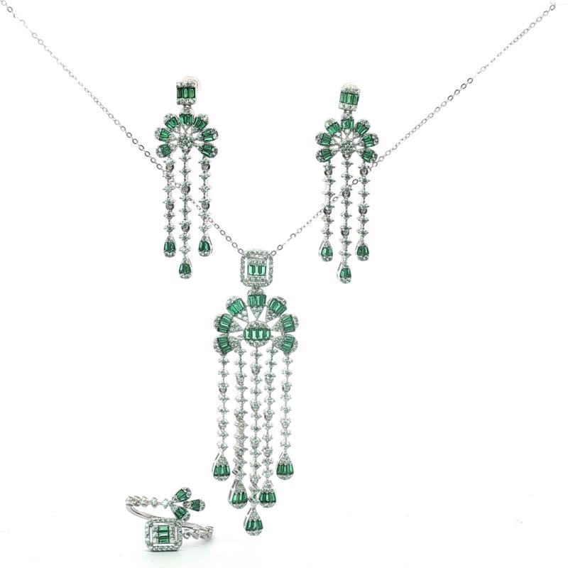 طقم فضة أصلي بحجر مربع ملوّن مع زهرة متدلية