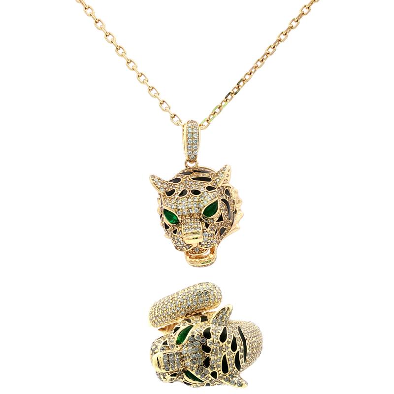 طقم فضة أصلي برأس نمر كبير مع عين خضراء مرصّع بالكامل