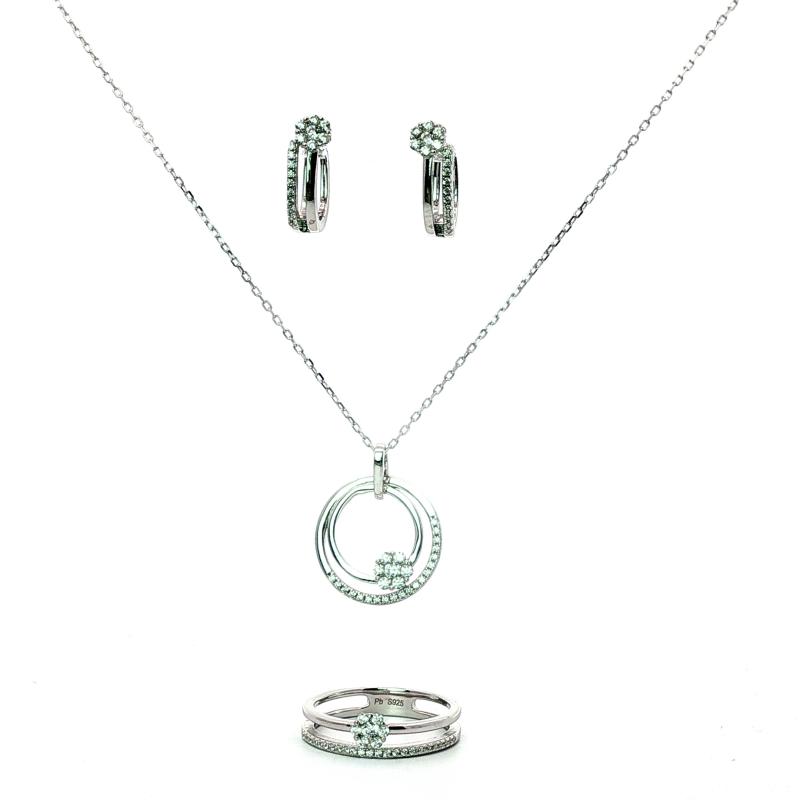 طقم فضة أصلي مع قلادة دائرية بهالة لامعة