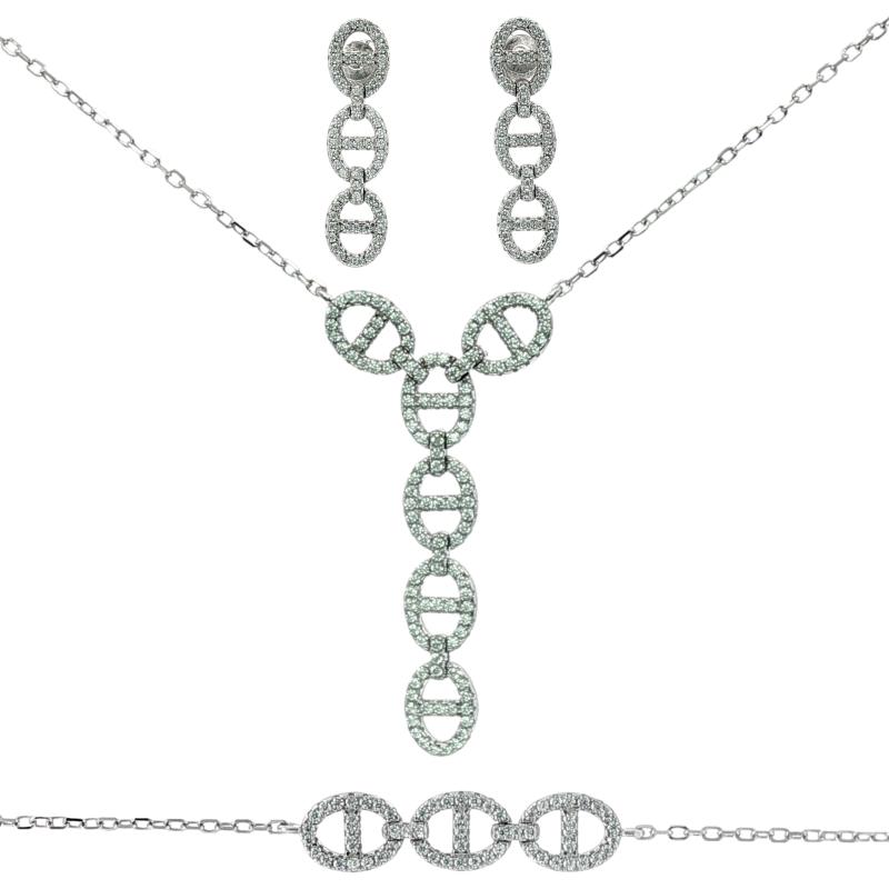 طقم فضة أصلي بسلسلة صغيرة مرصّعة بالكامل بتصميم راقص