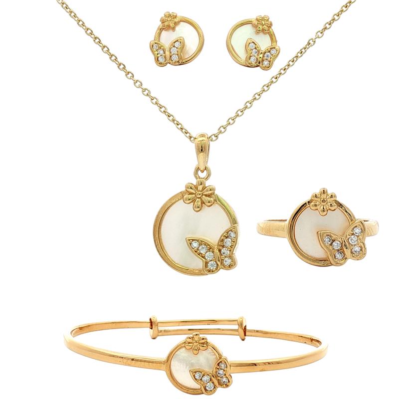 طقم فضة أصلي بلؤلؤة دائرية صغيرة مع زهرة صغيرة وفراشة مرصّعة بالكامل