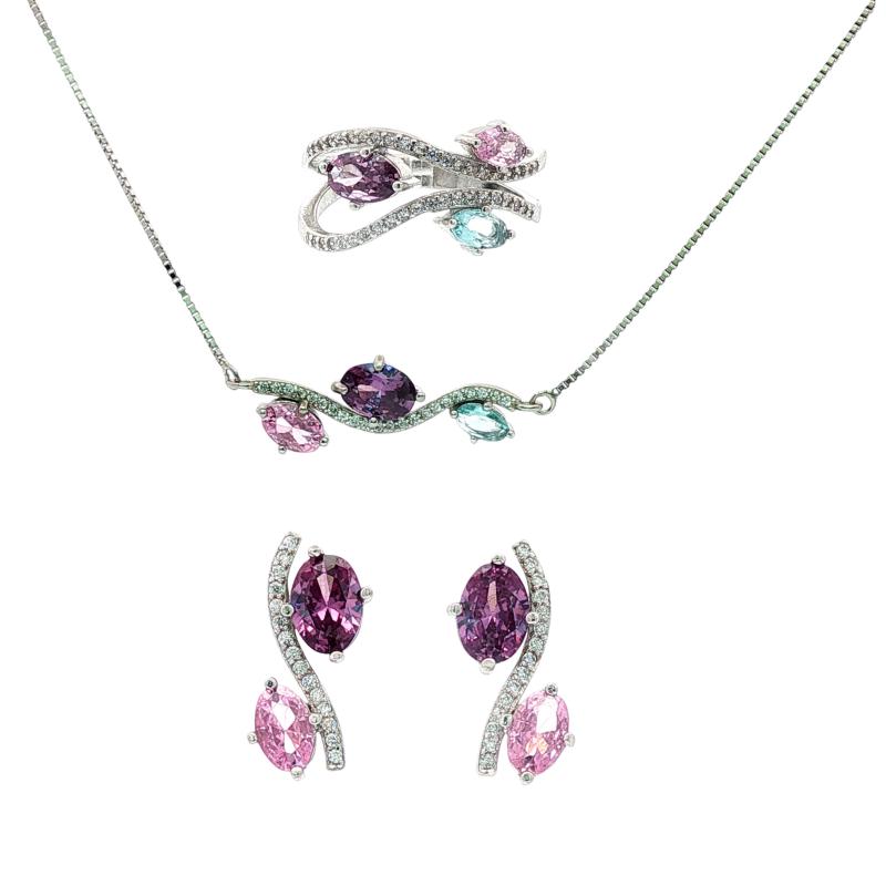 طقم فضة أصلي بأحجار بيضاوية ملوّنة