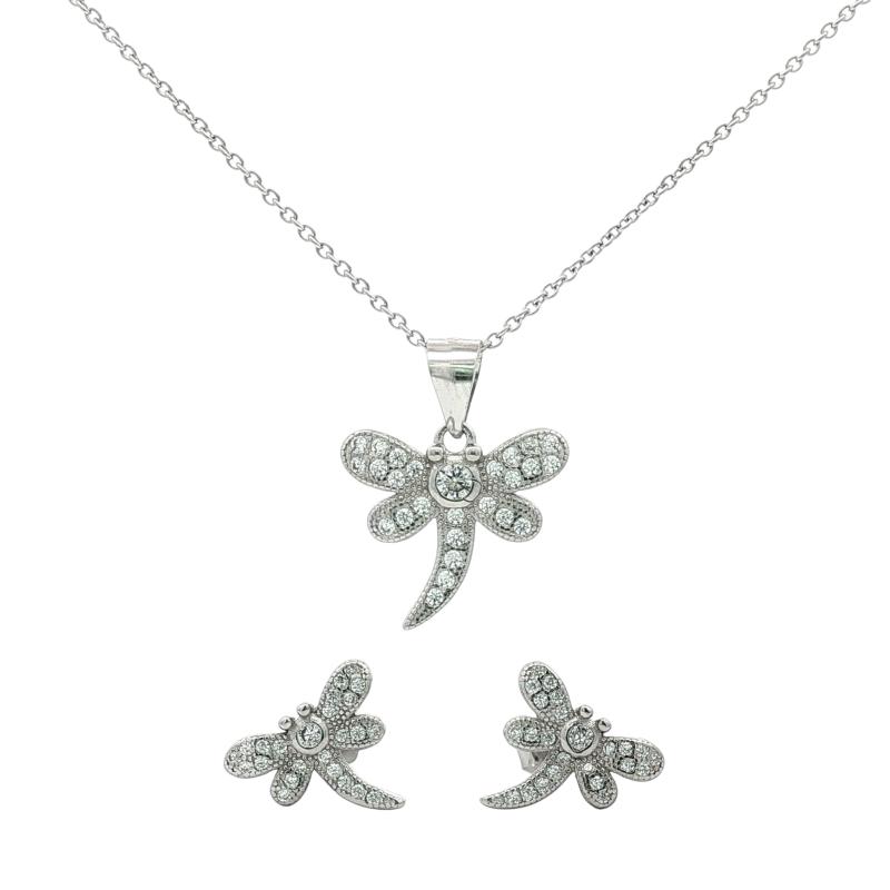 طقم فضة أصلي بفراشة يعسوب مرصّعة بالكامل بشكل ألماسي