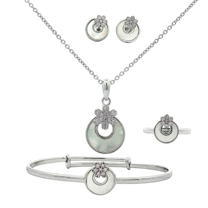 طقم فضة أصلي بلؤلؤة دائرية صغيرة مع زهرة صغيرة وردية