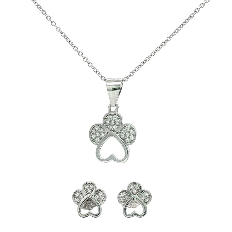 طقم فضة أصلي بشكل قطة مع قلب وكف مرصّع بالكامل