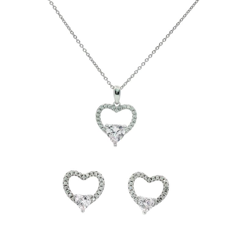 طقم فضة أصلي بقلب مجوّف مرصّع بالكامل مع قلب صغير وردي