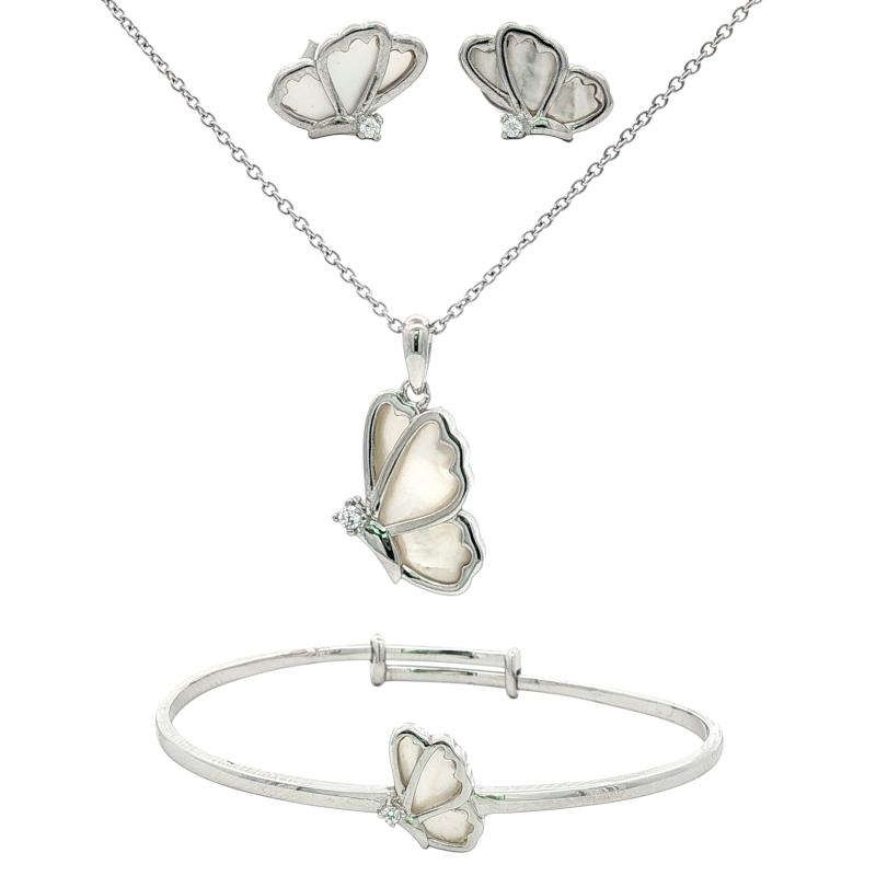 طقم فضة أصلي بحجر واحد صغير مع نصف لؤلؤة وفراشة