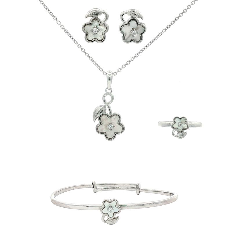 طقم فضة أصلي بلؤلؤة صغيرة مع ورقة صغيرة