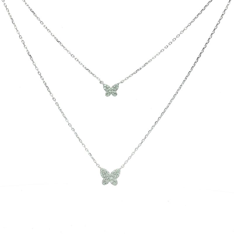 قلادة فراشتين مرصعتين بالكامل مع سلسلتين (فضة أصلية)