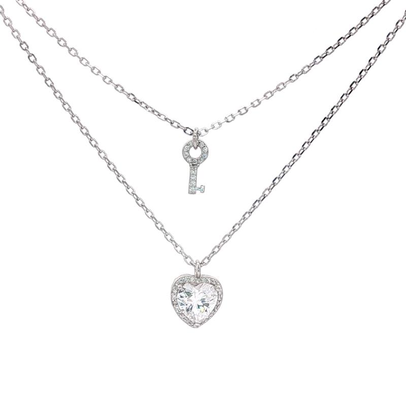 قلادة قلب مرصع بحجر لامع مع سلسلة مفتاح (فضة أصلية)