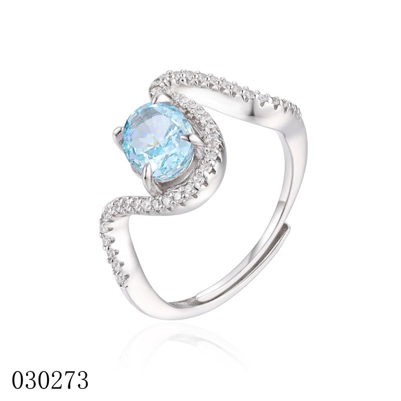 خاتم فضة أصلي بتصميم موجي مع حجر كريستال بيضاوي