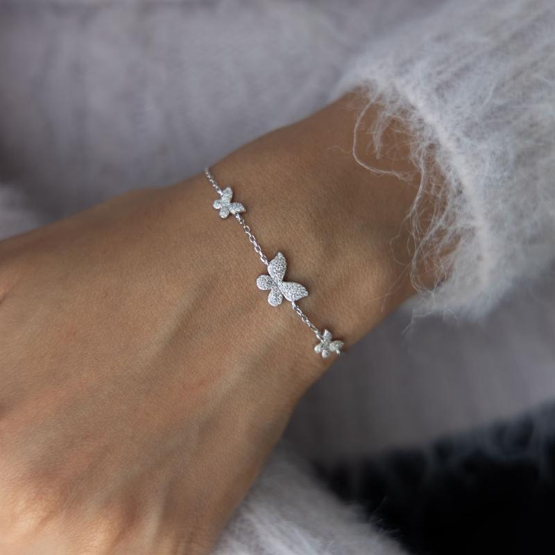 سوار فضة أصلية – ثلاث فراشات متلألئة