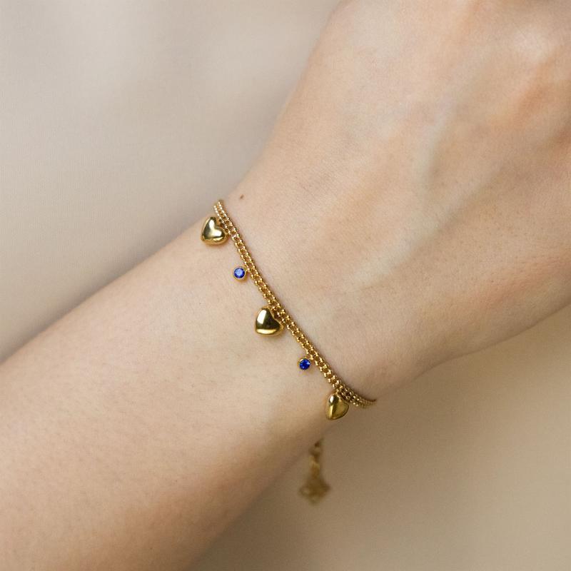 ميني - سوار سلسلة خرز مزدوجة مع قلب وحجر أزرق