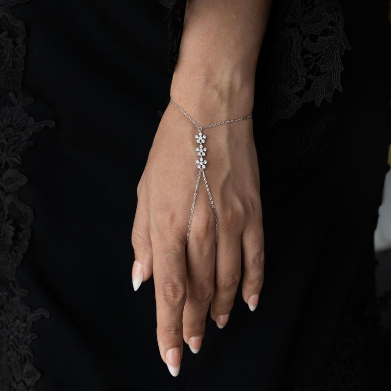 أسوارة كف فضة أصلي بثلاث زهور كريستال وسلسلة