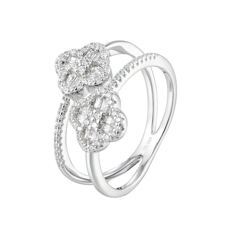 خاتم فضة أصلي بخطين مع زهرة لامعة