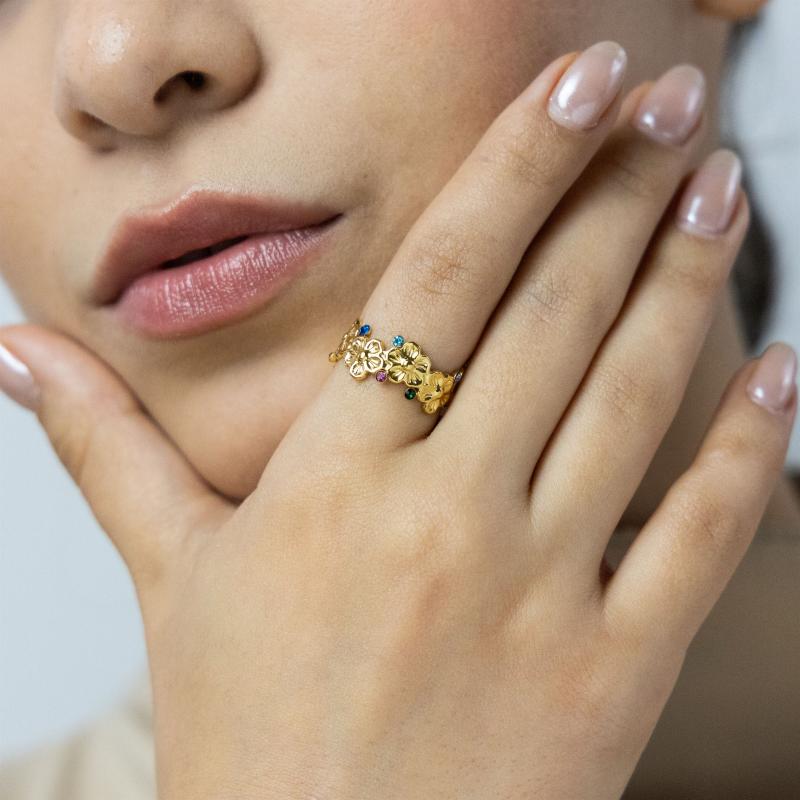 خاتم زهري مرصّع بالأحجار الملونة (مقاس حر)