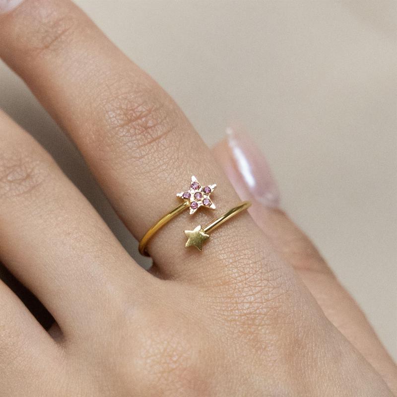 خاتم نجمة ساقطة بحجر وردي (مقاس حر)