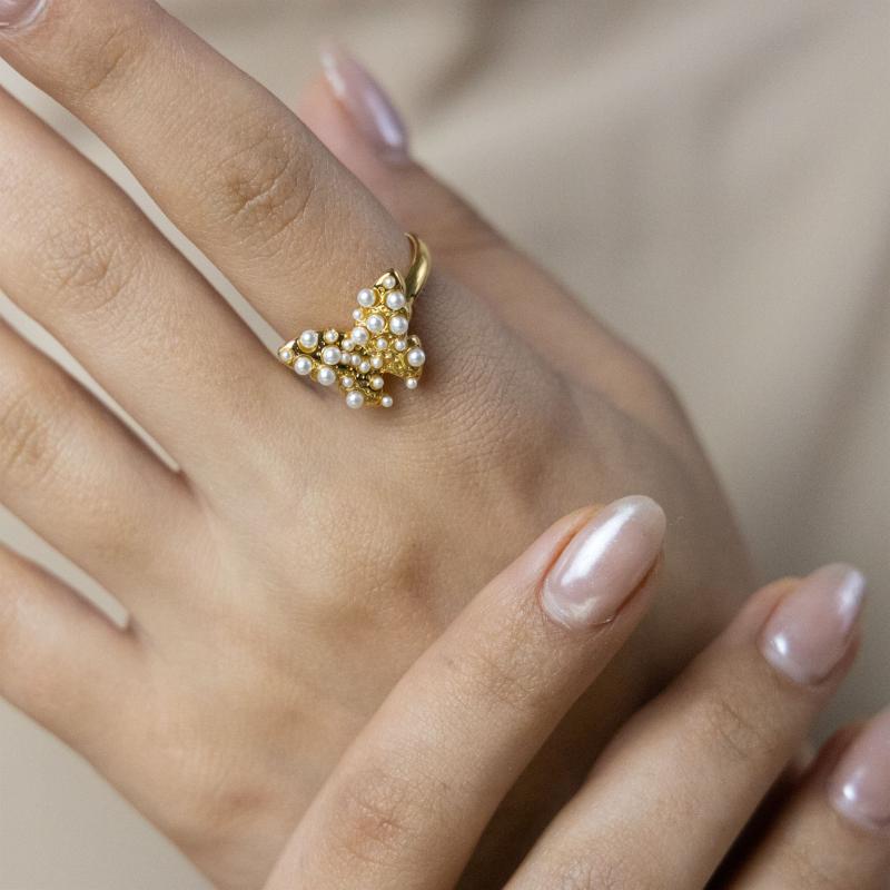 خاتم فراشة بخرز اللؤلؤ (مقاس حر)