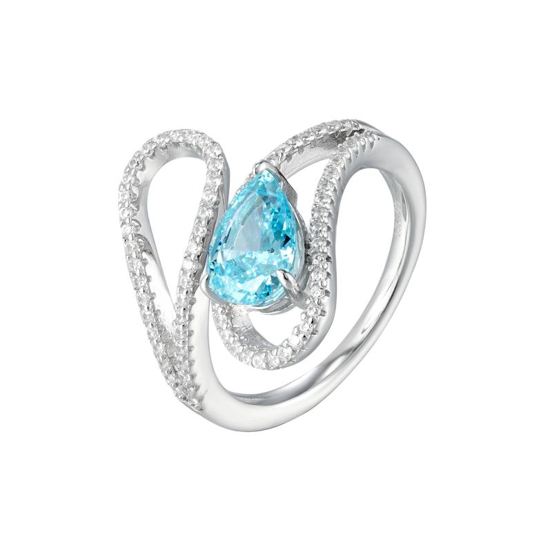 خاتم فضة أصلي بتصميم منحني مجوف مع حجر بشكل دمعة