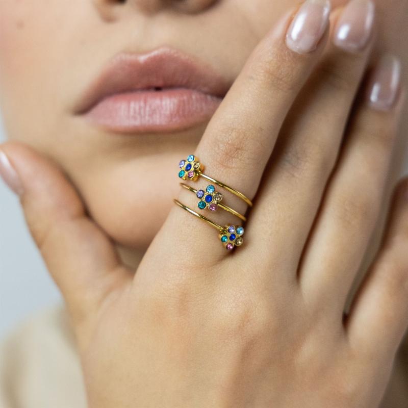 خاتم ثلاث زهور بأحجار متعددة الألوان (مقاس حر)