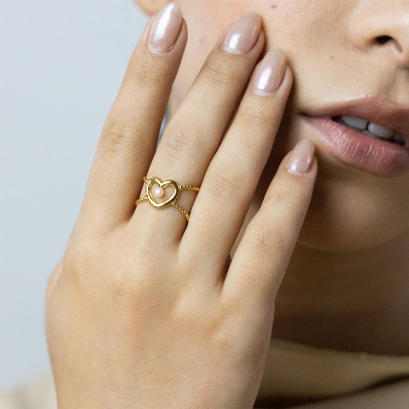 خاتم قلب مفتوح بحبة لؤلؤ واحدة (مقاس حر)