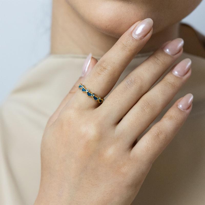 خاتم تاج متموج أزرق مخضر بخمس أحجار (مقاس حر)