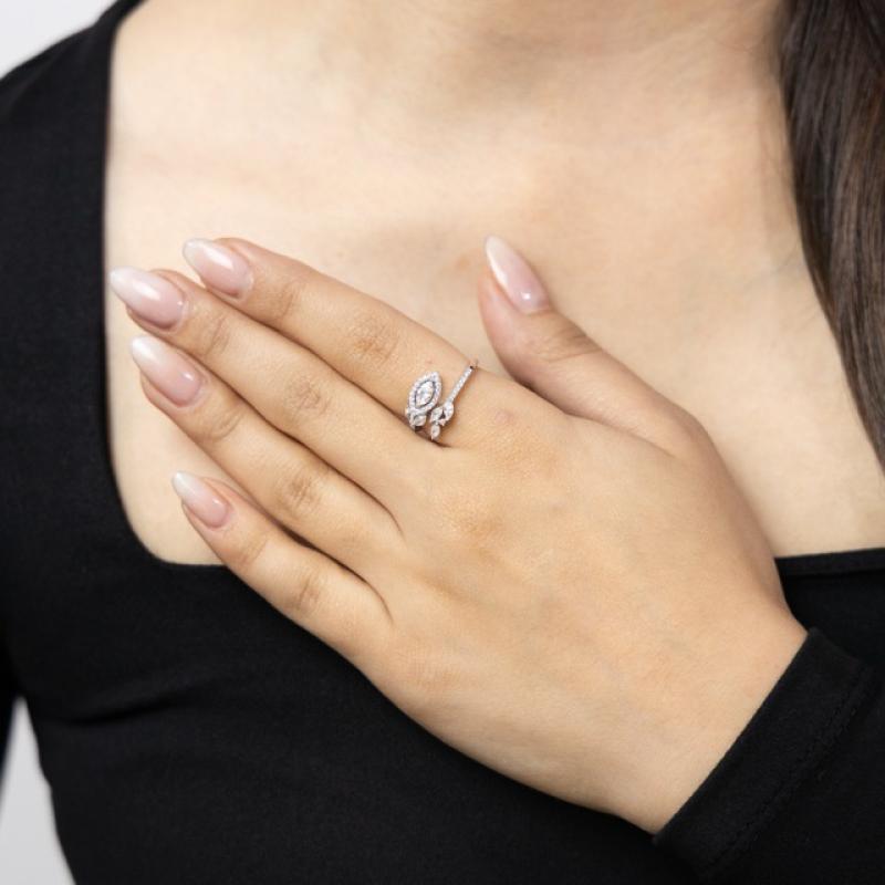 خاتم فضة أصلي مفتوح بتصميم ورقة كريستال