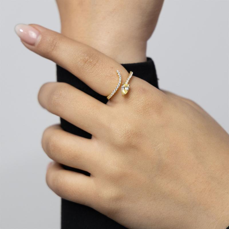 خاتم فضة أصلي بتصميم ثعبان مع رأس بحجر كمثري أصفر