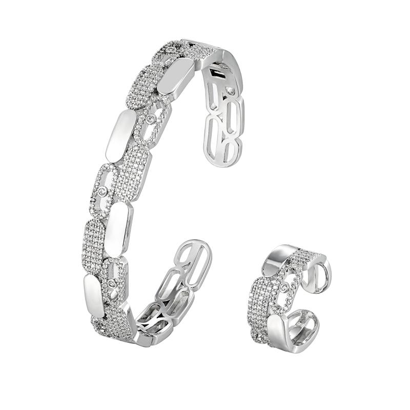 طقم أساور SA كُف مصقول بخطين متناوبين MES مرصعين بالكريستال