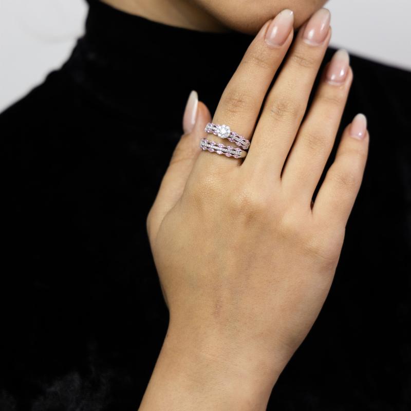 خاتم فضة أصلي بثلاثة خطوط مع حجر دائري بتصميم مزدوج