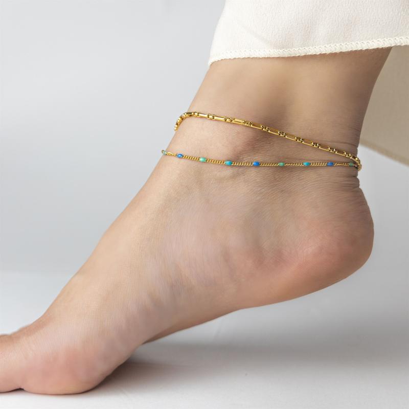 خلخال بسلسلة مشبك ورق مزدوجة الطبقات مع 3 خرزات ملونة