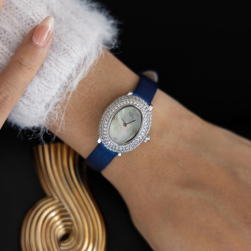 ساعة باريس بوتيك جلد أزرق معدني مع كريستال