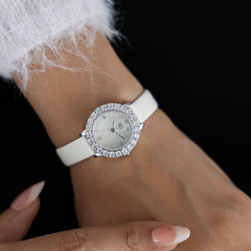 ساعة باريس بوتيك دائرية بالأحجار مع جلد أبيض