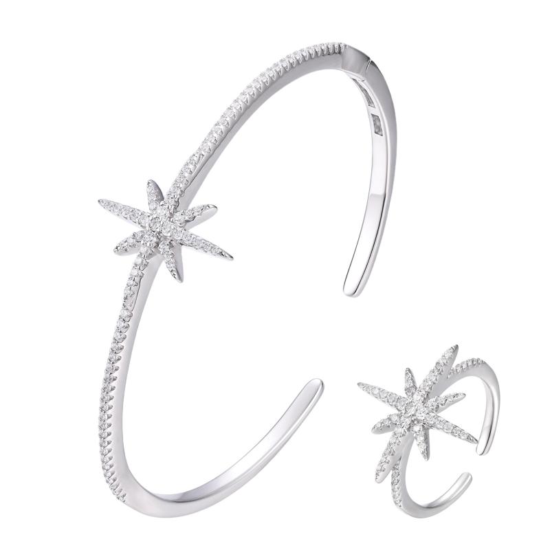 طقم أساور فضة أصلية بنقشة نجوم لامعة