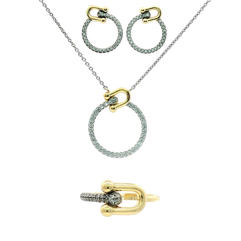 طقم فضة أصلي مع خاتم مرصّع بالكامل وسلسلة بمشبك ذهبي