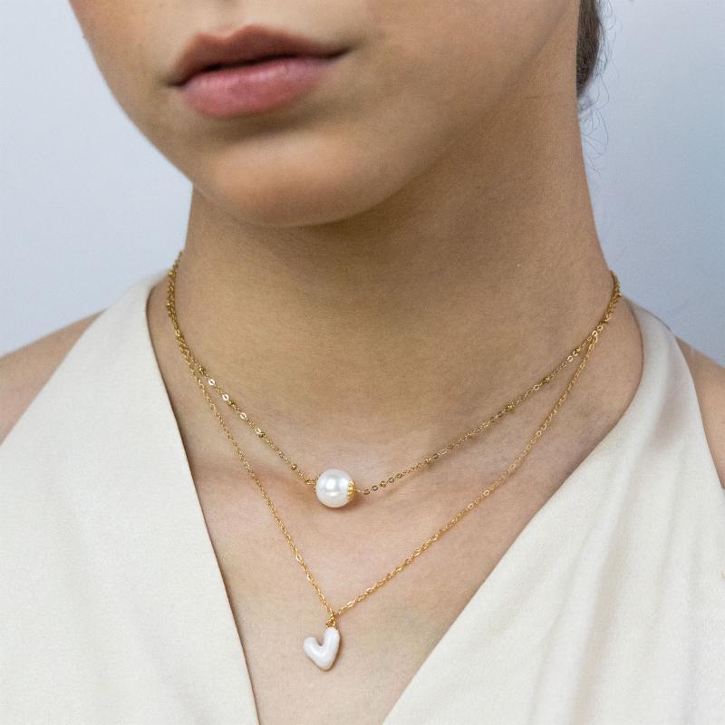 ميني - سلسلة مزدوجة الطبقات مع قلب لؤلؤي ولؤلؤة مميزة